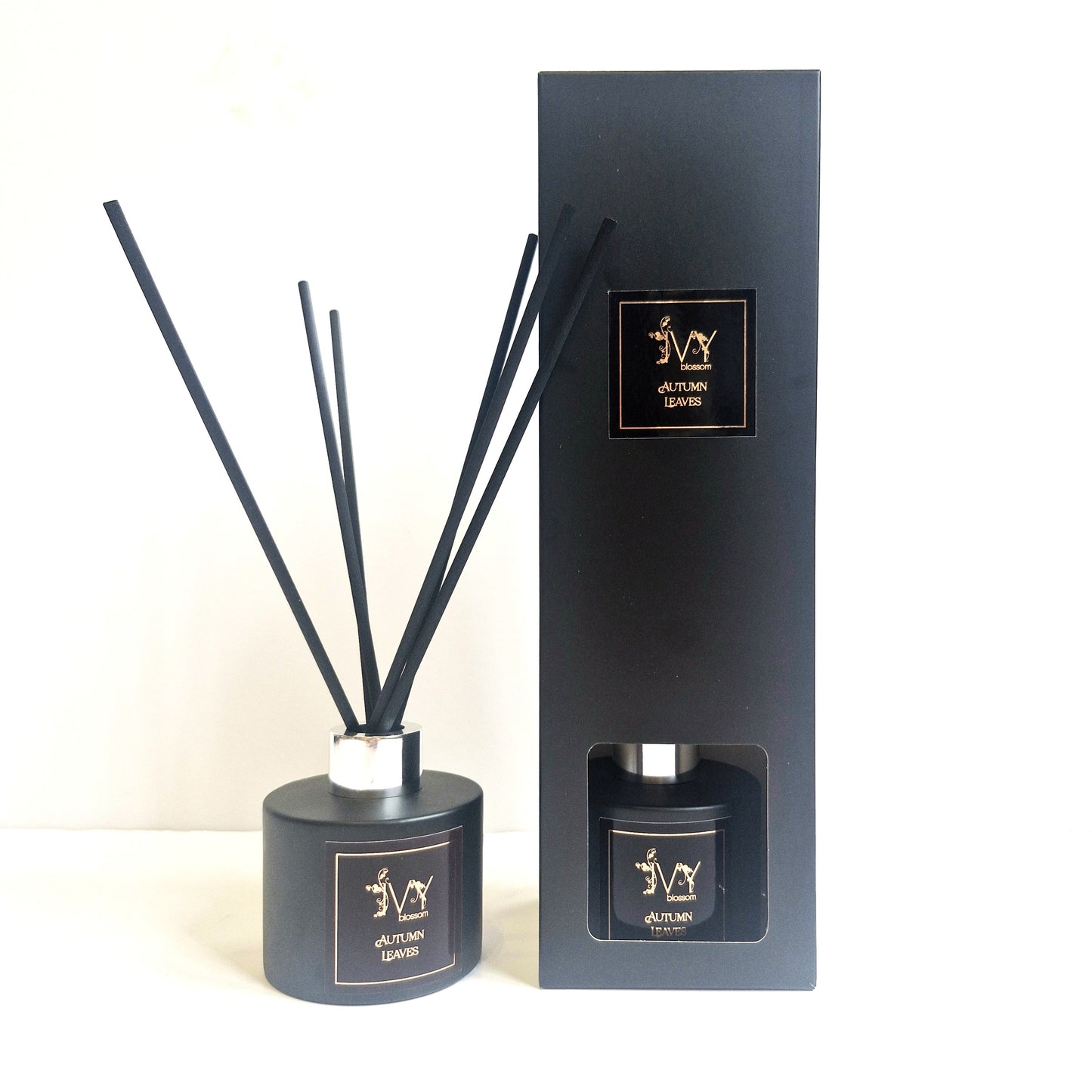 Black diffuser set with sticks and packaging on a white background