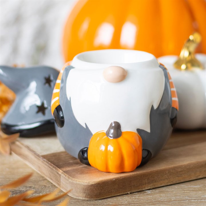 Pumpkin Autumn Gonk Tealight Wax Burner in grey with pumpkin detail, perfect for autumn décor.
