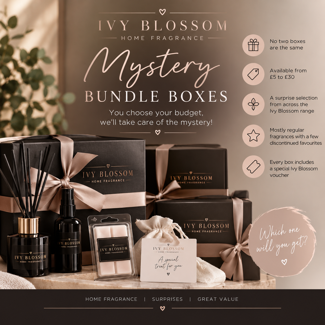 Mystery home fragrance bundles boxes from Ivy Blossom, featuring various home fragrance products and a surprise selection.