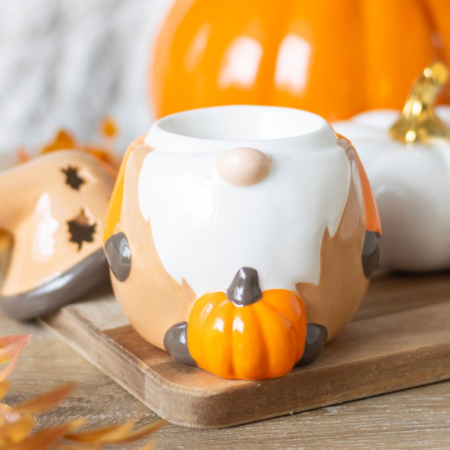 Pumpkin Autumn Gonk Tealight Wax Burner | Orange featuring a charming gonk design with delicate leaf details.