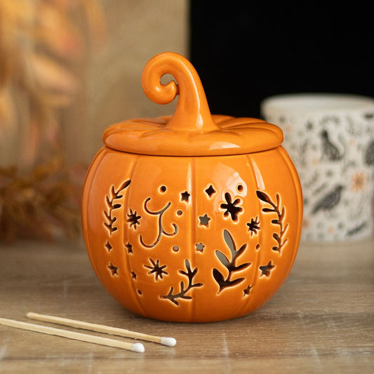 Orange Pumpkin Leaf Cut Out Tealight Wax Burner with folk-inspired cut-out details, perfect for autumn decor.