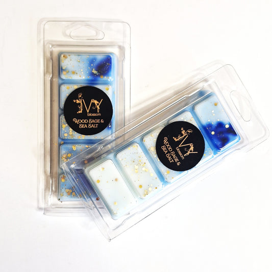 wood sage and sea salt scented 5 cell wax melt bar