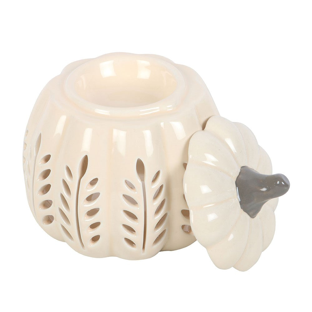 cream pumpkin shaped leaf cut out tealight wax burner with lid off