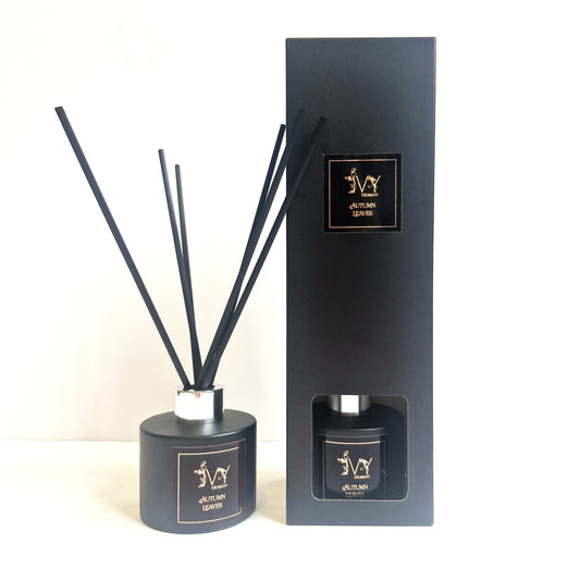 Black diffuser set with sticks and packaging on a white background
