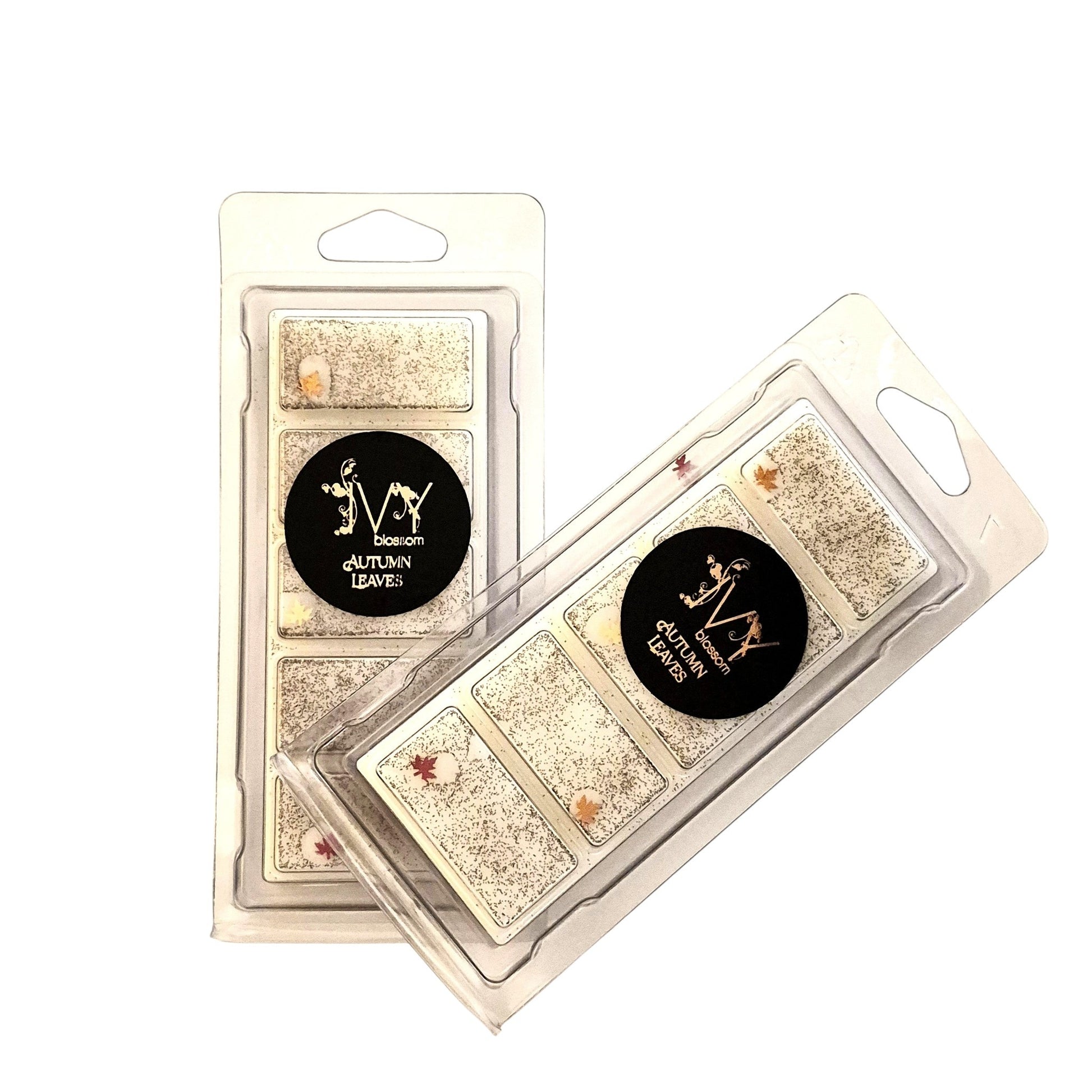 Ivy Blossom Autumn Leaves wax melt bars in clear plastic packaging with decorative dried leaf inclusions