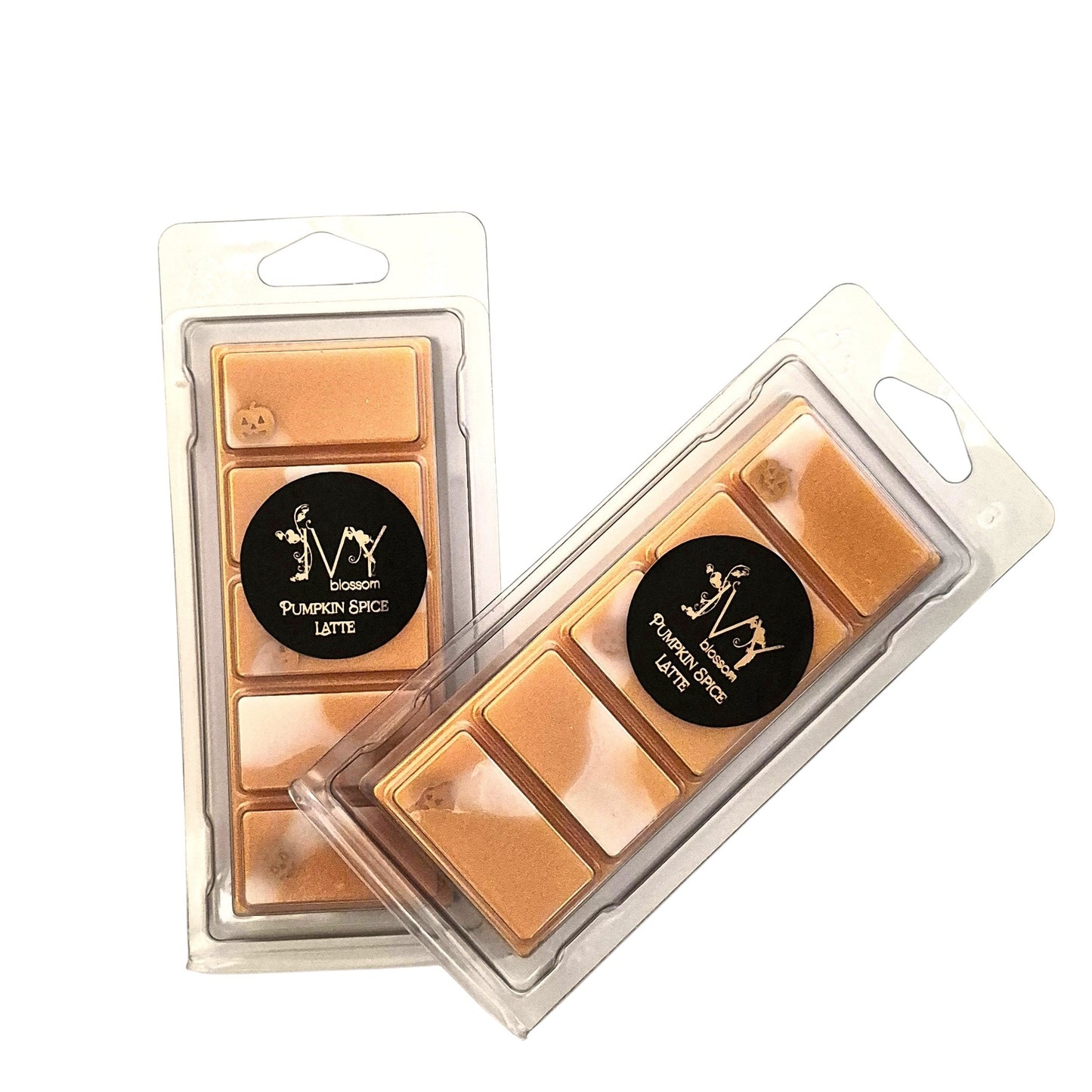 Two Ivy Blossom Pumpkin Spiced Latte wax melt bars in clear plastic packaging with orange and white marbled wax.