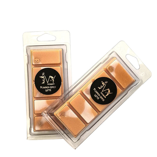 Two Ivy Blossom Pumpkin Spiced Latte wax melt bars in clear plastic packaging with orange and white marbled wax.