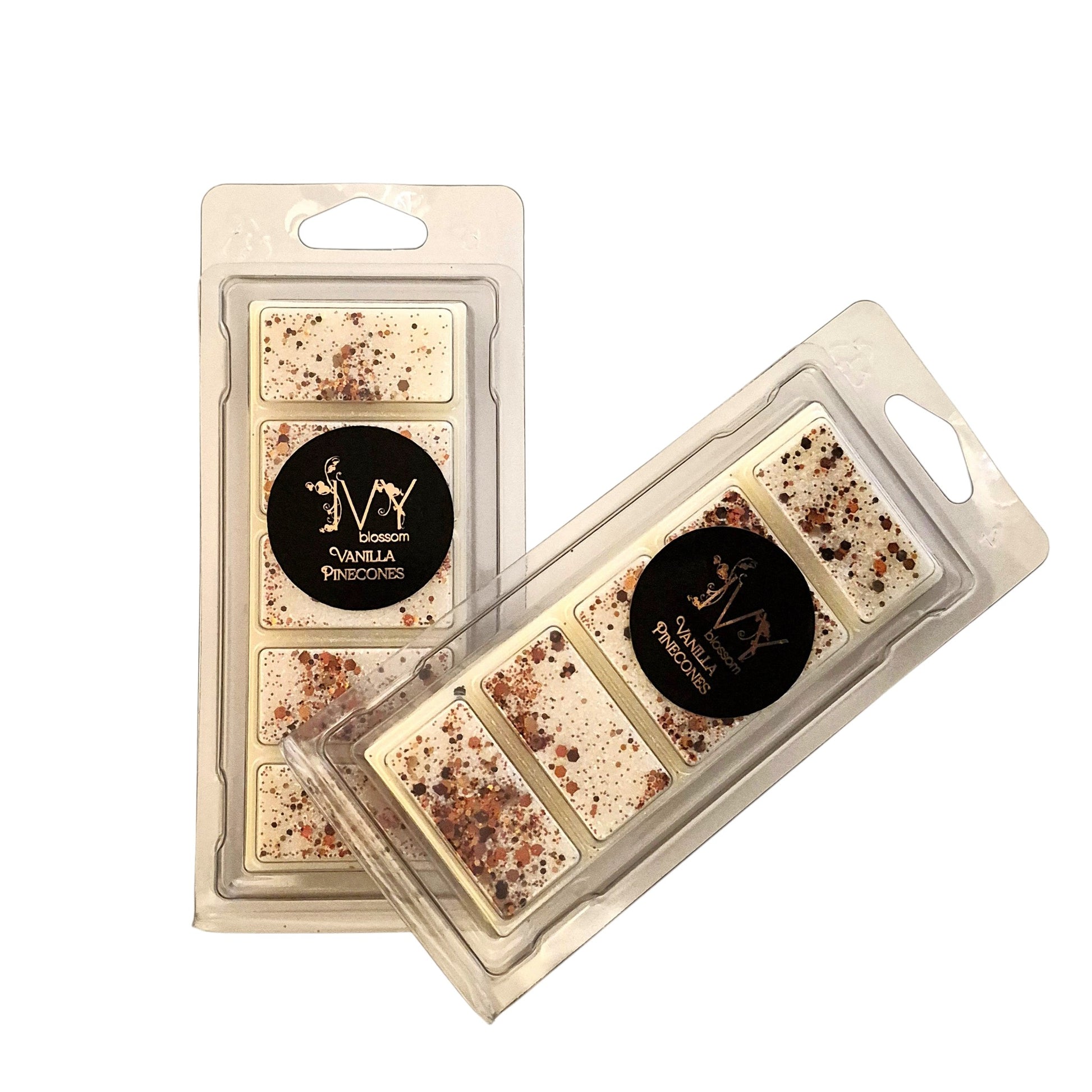 Two Ivy Blossom Vanilla Pinecones wax melt bars in clear plastic packaging with speckled autumn-toned glitter.