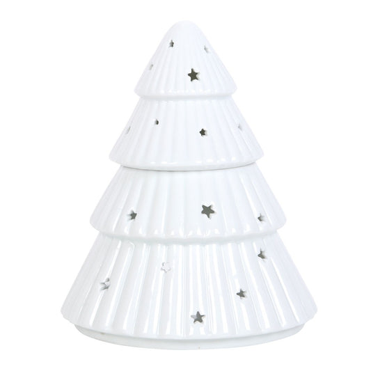 White Christmas Tree Tea Light Wax Burner shaped like a snowy Christmas tree with star cutouts.