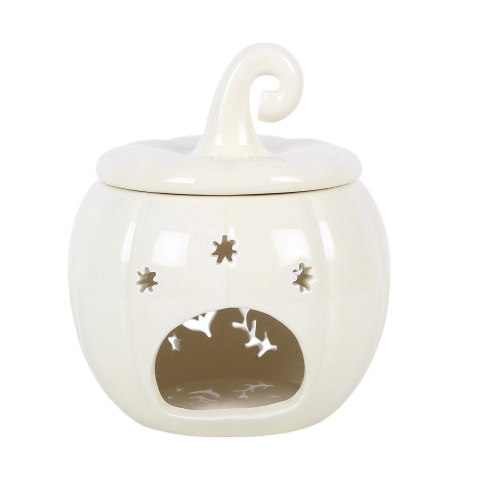 White Pumpkin Leaf Cut Out Tealight Wax Burner with a cute pumpkin design and star cutouts.